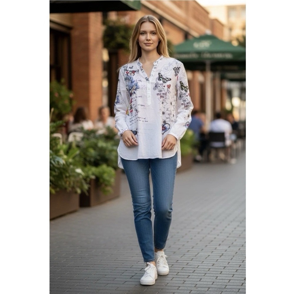Desigual Womens White Graphic Butterfly Floral Print Long Sleeve Blouse Size M